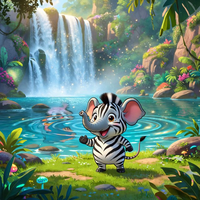 An adorable animal in a cartoon illustration, a cross between an elephant, a zebra, and a mouse. On the shore at the base of a magical waterfall flowing into a crystal-blue pond. Ripples create a wavy reflection in the water. — ImagineArt 2