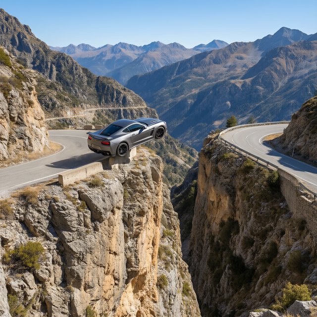 A sports car in a daredevil stunt has driven off a road from a high cliff, attempting to fly and land on the road on the next cliff. Beautiful mountainous background, sunny blue sky. Show motion, speed, and action. — Qwen Image 3.0
