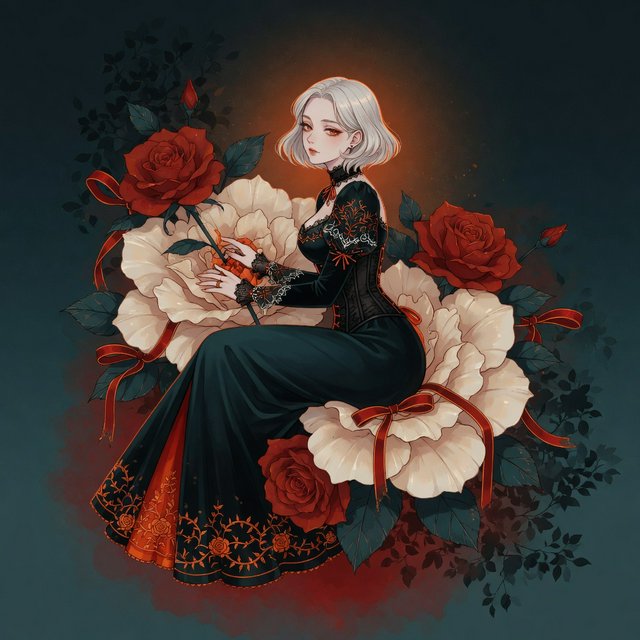 An elegant gothic woman sits sideways among oversized ivory blossoms, crimson roses, and dark teal foliage, turning toward the viewer with half-lidded amber eyes. She has a softly waved silver-white bob and a fitted black gown with lace, embroidered sleeves, and a sculpted corset. Deep-teal skirt folds reveal crimson lining and burnt-orange embroidery. Crimson ribbons with orange edging weave through the flowers, leaving breathing room around her pale face and hands. A deep-teal background fades into charcoal, with muted burnt-orange light behind her head, faint crimson haze below, and botanical shadows. Fine ordered dithering, delicate checkerboard patterns, and clustered pigment grains soften background transitions only; the woman and flowers remain smoothly painted. Crimson, deep teal, glowing orange, lacquer black, and warm ivory palette. Soft frontal fill, luminous hair, readable black fabric, subtle orange rim light, refined gothic anime, precise linework, dramatic floral framing — Grok Imagine Image Quality