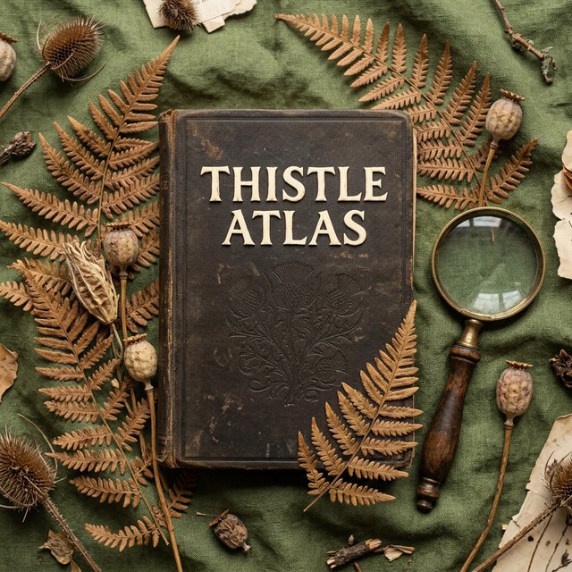 Pressed fern fronds, seed pods, and a magnifying lens frame a naturalist’s field-guide book cover on moss-green cloth; “THISTLE ATLAS” spans the upper third in hand-cut ivory serif capitals, with no other legible writing. — Model 15