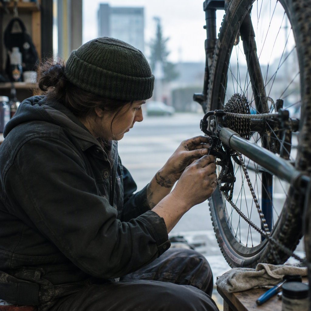 Candid documentary photograph of an adult repairing a bicycle at a quiet curbside workshop, cool morning window light, 50mm lens with shallow depth of field, grease smudges on their fingertips. — GPT Image 2.5 Flare