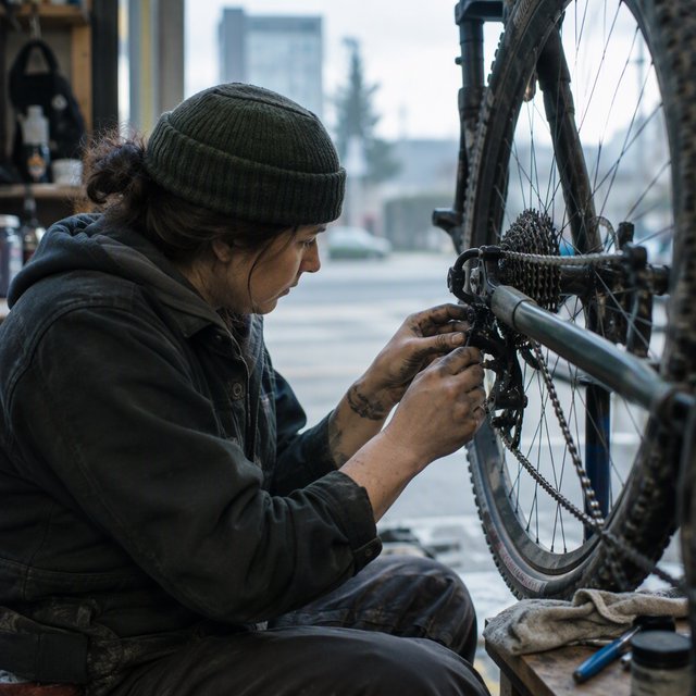 Candid documentary photograph of an adult repairing a bicycle at a quiet curbside workshop, cool morning window light, 50mm lens with shallow depth of field, grease smudges on their fingertips. — GPT Image 2.5 Flare