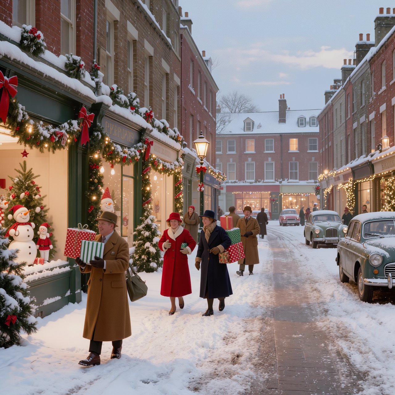 A UK High Street in the 1950s at Christmas time. The roads are covered in snow. The shop windows are decked out for Christmas and the happy adult shoppers are loaded up with gifts for loved ones. The mood is bright and Christmassy. — Kling v3