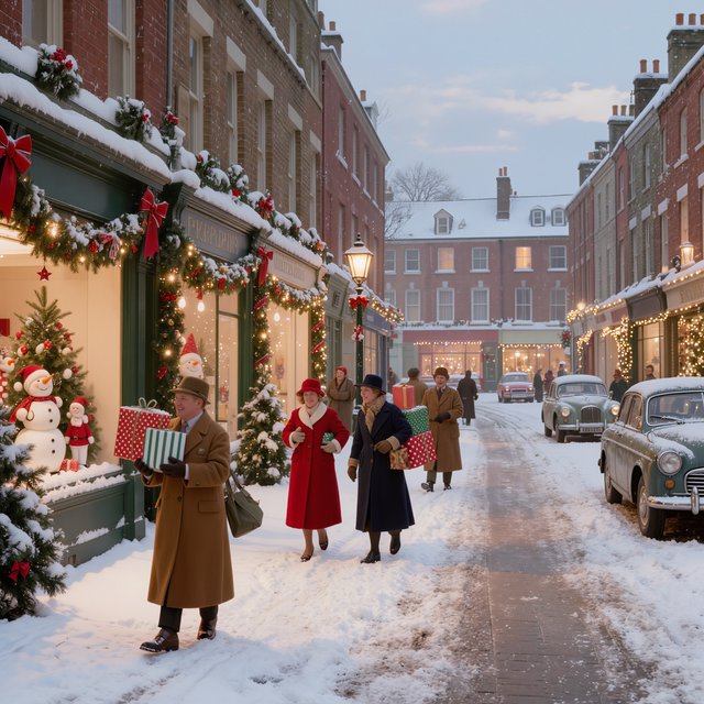 A UK High Street in the 1950s at Christmas time. The roads are covered in snow. The shop windows are decked out for Christmas and the happy adult shoppers are loaded up with gifts for loved ones. The mood is bright and Christmassy. — Model 9