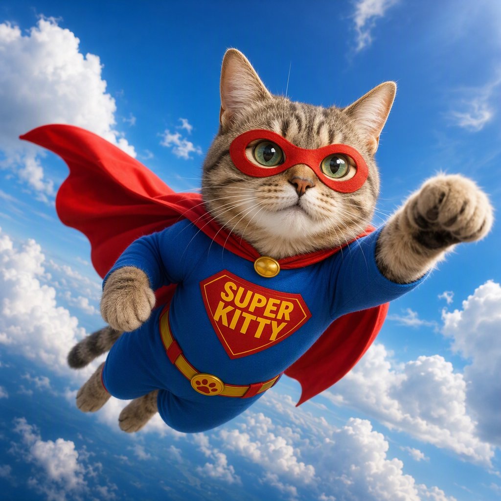 A cat flying in the sky wearing a super kitty costume. — GPT Image 2