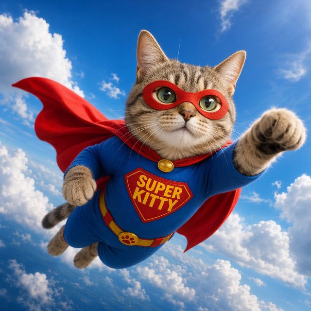 A cat flying in the sky wearing a super kitty costume. — GPT Image 2