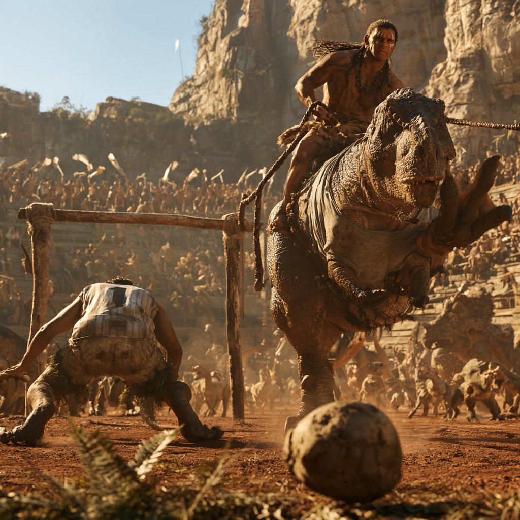 Wide shot of a golden-hour prehistoric football match, photorealistic, cinematic. A weathered, muscular adult caveman with ochre face paint sits upright on a plump medium T-Rex's back, gripping a braided leather leash. The mounted T-Rex strains mid-kick, wearing a tiny faded grey cotton T-shirt riding up over its scaled shoulders and frayed athletic shorts bunched at its hips, one massive clawed foot cocked back behind a pockmarked 3ft stone football. A weathered timber goalpost stands 20 yards ahead; the opposing T-Rex goalie hunches ready in a sleeveless striped jersey #1 and grass-stained shorts, claws dug into dusty red earth. Sunlit bleachers line the natural rock arena: cheering adult cave families wave bone flags, assorted small dinosaurs bounce and roar along the sidelines, warm late-afternoon light gilds fern fronds and dinosaur scales, soft long shadows stretch across the playing field, playful triumphant atmosphere, sharp focus on the kicking T-Rex, shallow depth of field on spectators. — Midjourney V8.2