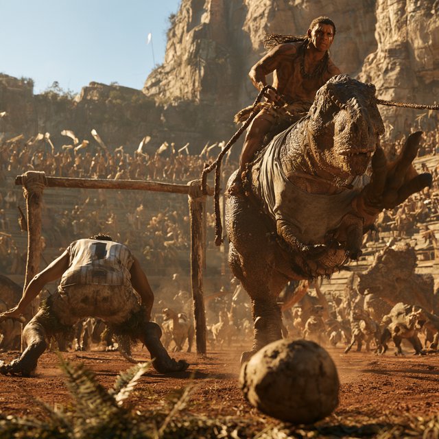 Wide shot of a golden-hour prehistoric football match, photorealistic, cinematic. A weathered, muscular adult caveman with ochre face paint sits upright on a plump medium T-Rex's back, gripping a braided leather leash. The mounted T-Rex strains mid-kick, wearing a tiny faded grey cotton T-shirt riding up over its scaled shoulders and frayed athletic shorts bunched at its hips, one massive clawed foot cocked back behind a pockmarked 3ft stone football. A weathered timber goalpost stands 20 yards ahead; the opposing T-Rex goalie hunches ready in a sleeveless striped jersey #1 and grass-stained shorts, claws dug into dusty red earth. Sunlit bleachers line the natural rock arena: cheering adult cave families wave bone flags, assorted small dinosaurs bounce and roar along the sidelines, warm late-afternoon light gilds fern fronds and dinosaur scales, soft long shadows stretch across the playing field, playful triumphant atmosphere, sharp focus on the kicking T-Rex, shallow depth of field on spectators. — Midjourney V8.2