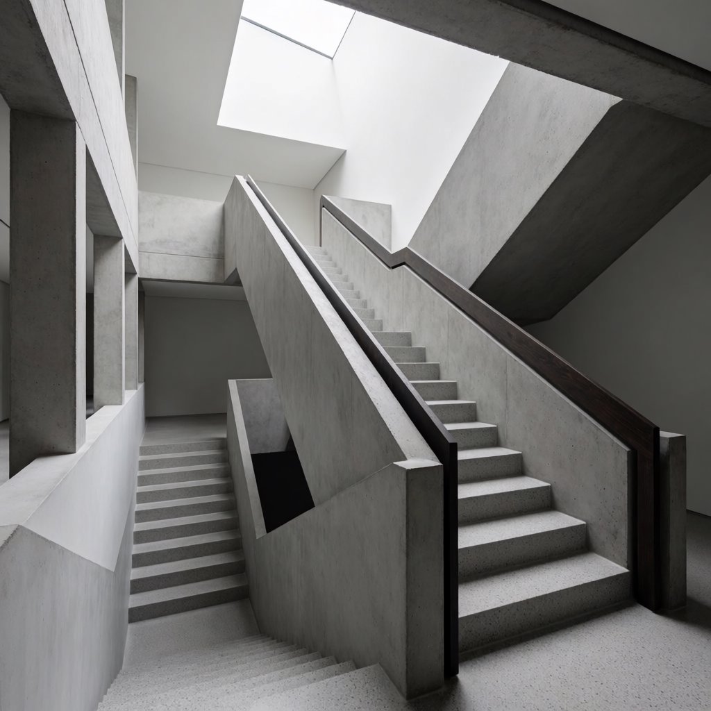 At the heart of a restrained Brutalist museum, a folded concrete stair rises beside smoked-oak handrails and terrazzo landings; skylight washes the treads, seen from the lower landing, with aligned flights and believable supports. — Krea 2 Medium