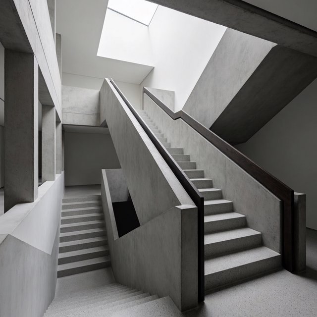 At the heart of a restrained Brutalist museum, a folded concrete stair rises beside smoked-oak handrails and terrazzo landings; skylight washes the treads, seen from the lower landing, with aligned flights and believable supports. — Krea 2 Medium