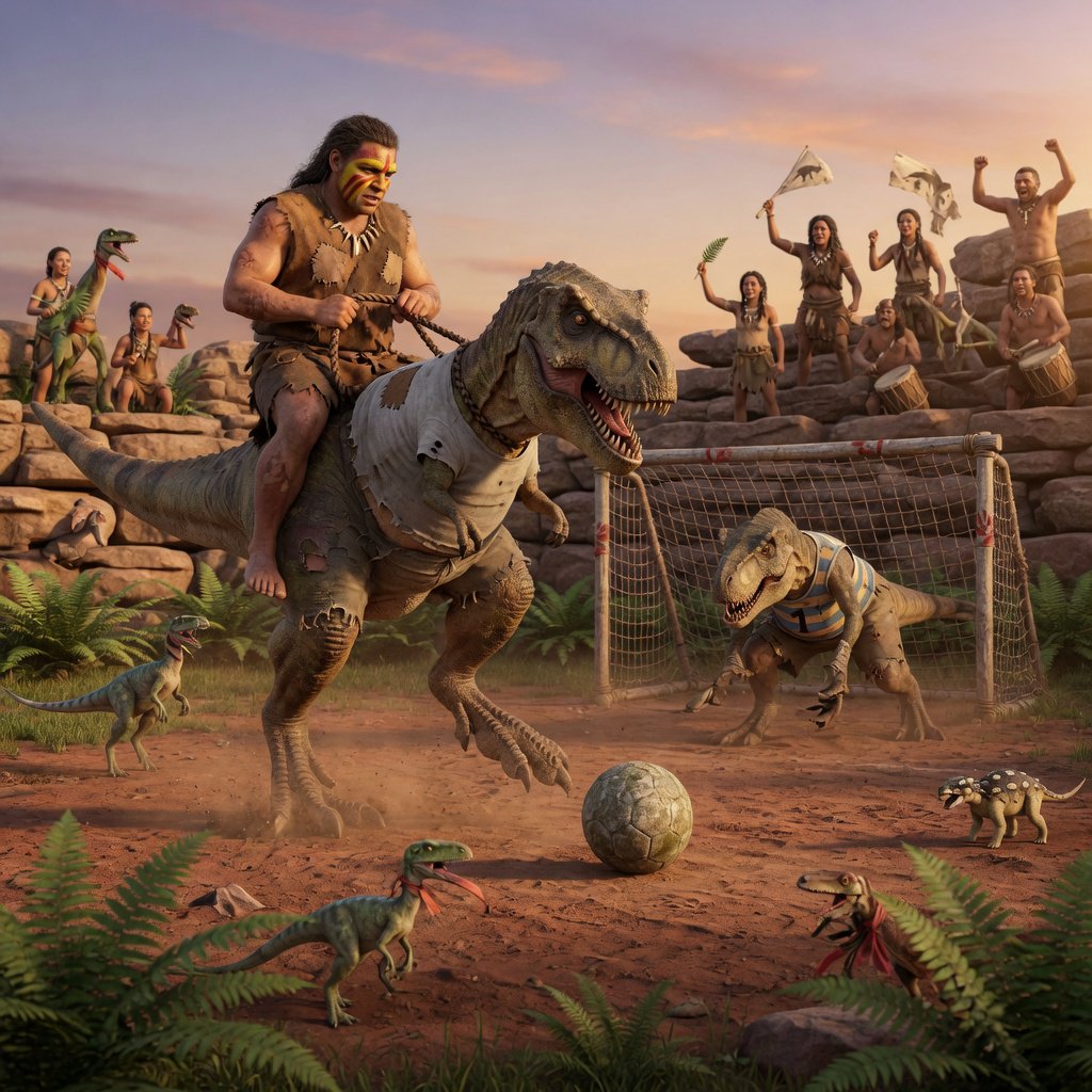 Wide shot of a golden-hour prehistoric football match, photorealistic, cinematic. A weathered, muscular adult caveman with ochre face paint sits upright on a plump medium T-Rex's back, gripping a braided leather leash. The mounted T-Rex strains mid-kick, wearing a tiny faded grey cotton T-shirt riding up over its scaled shoulders and frayed athletic shorts bunched at its hips, one massive clawed foot cocked back behind a pockmarked 3ft stone football. A weathered timber goalpost stands 20 yards ahead; the opposing T-Rex goalie hunches ready in a sleeveless striped jersey #1 and grass-stained shorts, claws dug into dusty red earth. Sunlit bleachers line the natural rock arena: cheering adult cave families wave bone flags, assorted small dinosaurs bounce and roar along the sidelines, warm late-afternoon light gilds fern fronds and dinosaur scales, soft long shadows stretch across the playing field, playful triumphant atmosphere, sharp focus on the kicking T-Rex, shallow depth of field on spectators. — Grok Imagine Image Quality