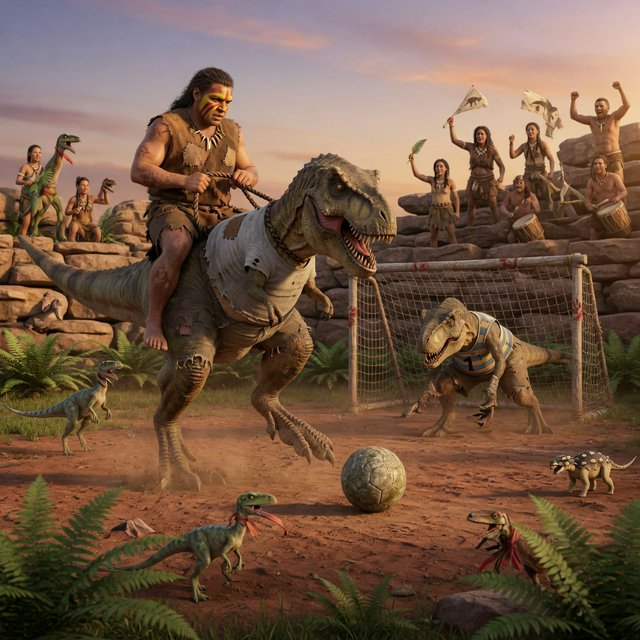 Wide shot of a golden-hour prehistoric football match, photorealistic, cinematic. A weathered, muscular adult caveman with ochre face paint sits upright on a plump medium T-Rex's back, gripping a braided leather leash. The mounted T-Rex strains mid-kick, wearing a tiny faded grey cotton T-shirt riding up over its scaled shoulders and frayed athletic shorts bunched at its hips, one massive clawed foot cocked back behind a pockmarked 3ft stone football. A weathered timber goalpost stands 20 yards ahead; the opposing T-Rex goalie hunches ready in a sleeveless striped jersey #1 and grass-stained shorts, claws dug into dusty red earth. Sunlit bleachers line the natural rock arena: cheering adult cave families wave bone flags, assorted small dinosaurs bounce and roar along the sidelines, warm late-afternoon light gilds fern fronds and dinosaur scales, soft long shadows stretch across the playing field, playful triumphant atmosphere, sharp focus on the kicking T-Rex, shallow depth of field on spectators. — Grok Imagine Image Quality