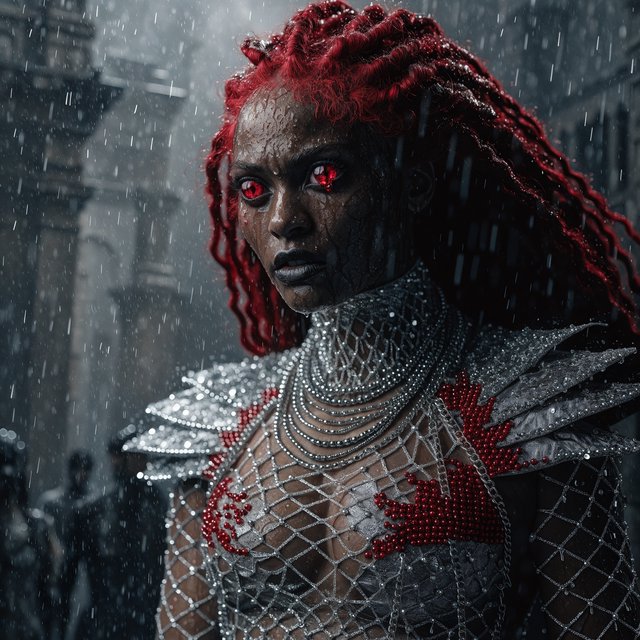 Fishnet grimdark fantasy. A suitable-for-TV-PG adult underworld agent with long crimson-red dreadlocked hair with flowing locks, ruby-red crystalline eyes, real skin pores, photographic rendering, and real material textures. No text. — Recraft v4 Pro