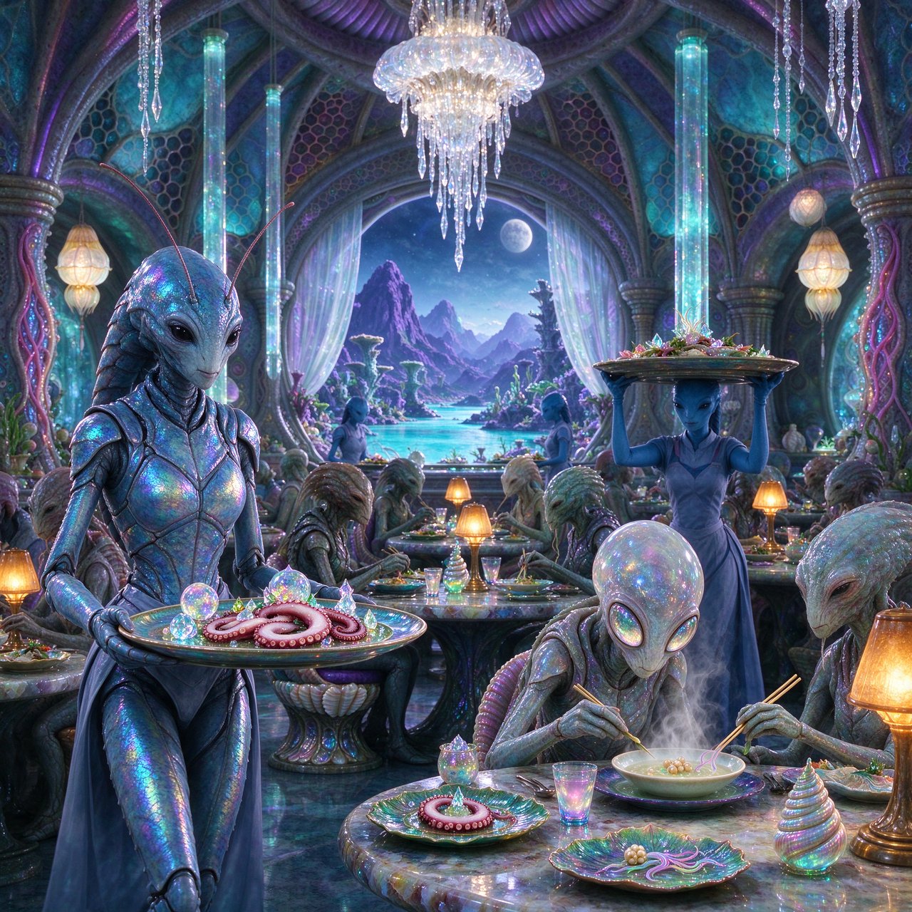 An alien restaurant on a strange planet. The interior is well lit, but the décor is very strange and out of this world. Alien waitresses are bringing in platters of food. Alien diners are eating very unusual dishes. — Seedream 5.0 Flash