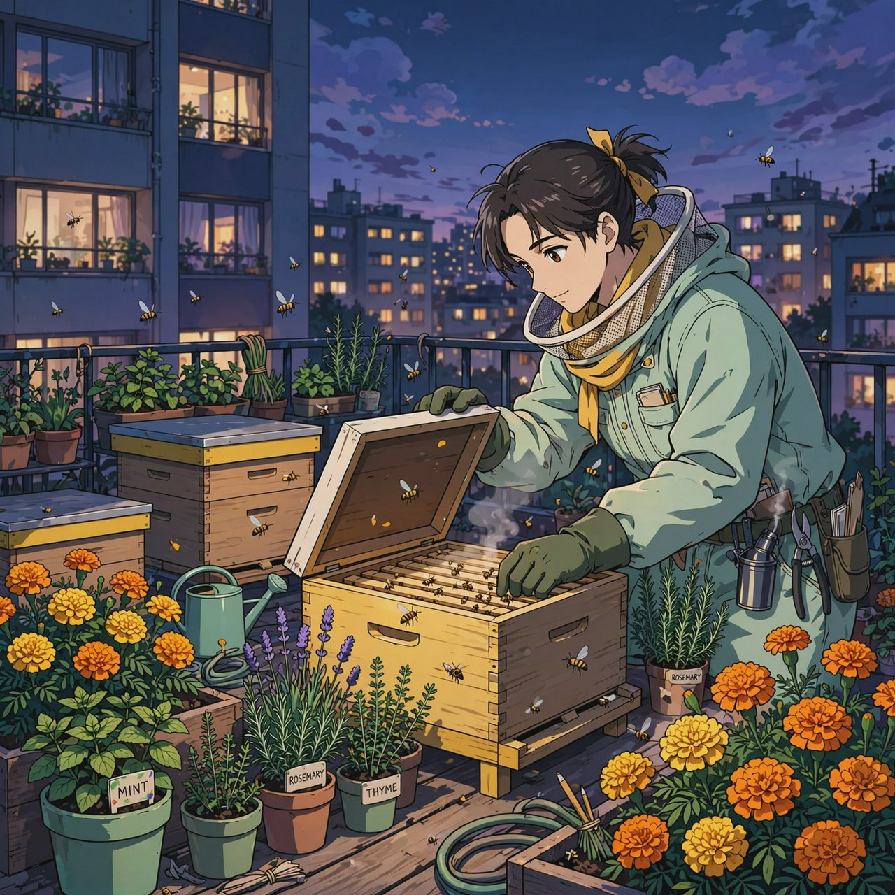 Cel-shaded anime illustration of an adult rooftop beekeeper tending lively hives among marigolds and herbs at dusk, with bees drifting past distant windows. Palette of saffron, violet, mint, and midnight blue, crisp contours and gentle gradients. — Muse Image 1.0