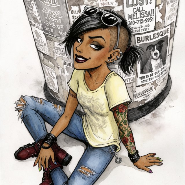 Realistic India ink illustration with crisp black lines, realistic anatomy and proportions, and watercolor fills; black ink outlines remain visible. Full-length, overhead view. A Latina woman sits on the pavement with her back against an enormous, thick round downtown pillar covered in posters for bands, art shows, burlesque, and a lost dog. One hand rests on the pavement, the other on an ankle. She tilts her head back, looking up at the viewer with a confident smile. Character: 25-year-old woman, medium-brown skin, slim build, edgy punk/goth appearance. Black asymmetrical undercut, right side shaved, longer top brushed across forehead, short messy ponytail. Sharp features, arched brows, brown almond-shaped eyes, heavy eyeliner, dark burgundy lipstick, six ear piercings. Each fingernail a different color. Loose pale-yellow graphic T-shirt, ripped blue jeans, dark red combat boots. Full left-arm sleeve tattoo of vines, leaves, and red roses. Thick black leather bracelets on both wrists. — Krea 2 Large