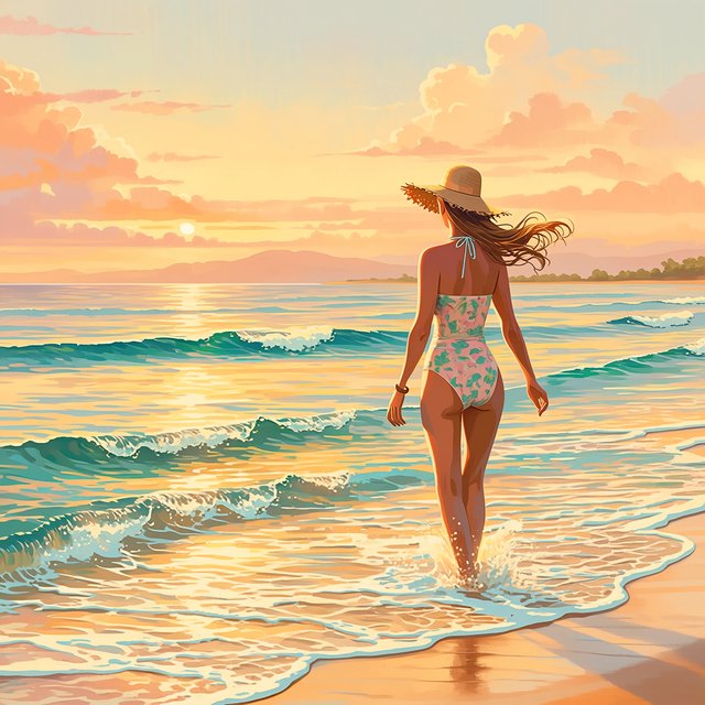 Editorial beach photo of an adult woman in a one-piece swimsuit and a wide straw hat walking along the waterline at sunset, wind in her hair. — Midjourney Niji 7