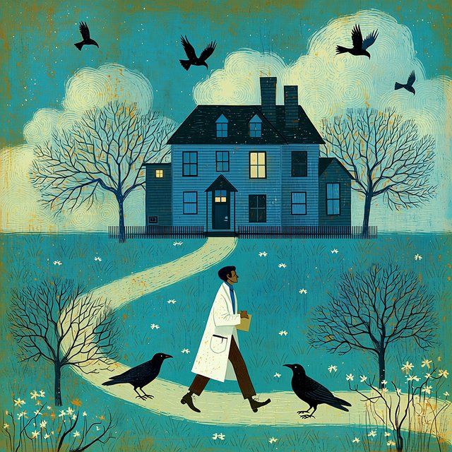 Walking in a dream, with ravens scribbled along the edges, a doctor on a house call — Midjourney Niji 7