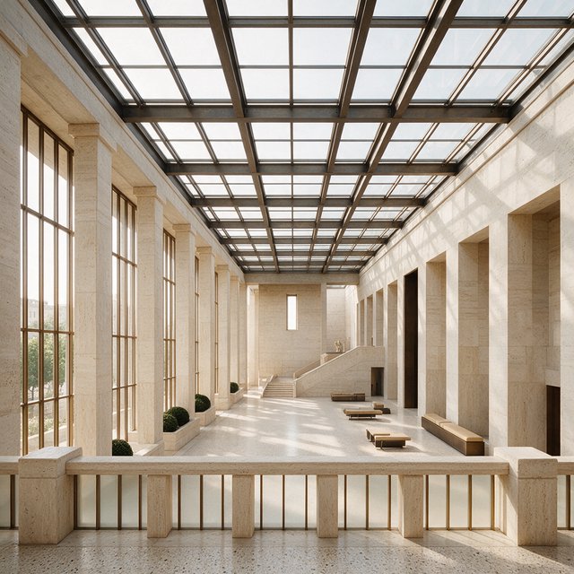 A soaring civic atrium in contemporary Italian Rationalist style pairs pale travertine, bronze mullions, and terrazzo beneath a glazed roof; cool morning light falls from above, viewed from a mezzanine, with aligned bays and credible supports. — Seedream 5.0 Pro