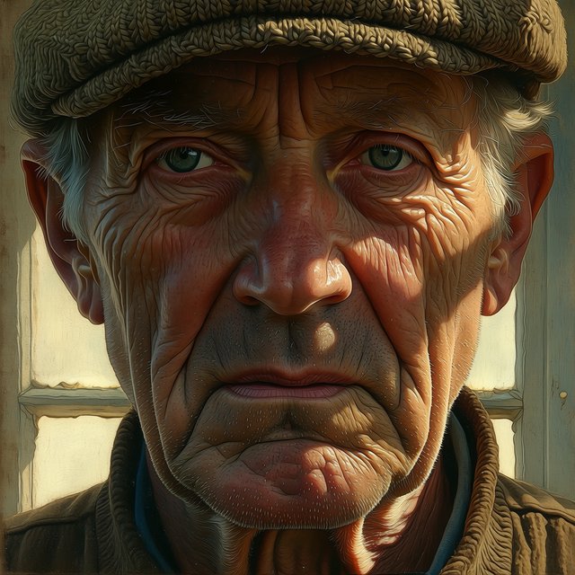Close-up portrait of an elderly fisherman with deep wrinkles and a knitted cap, catchlights in the eyes, weathered skin texture, soft window light. — Midjourney Niji 7