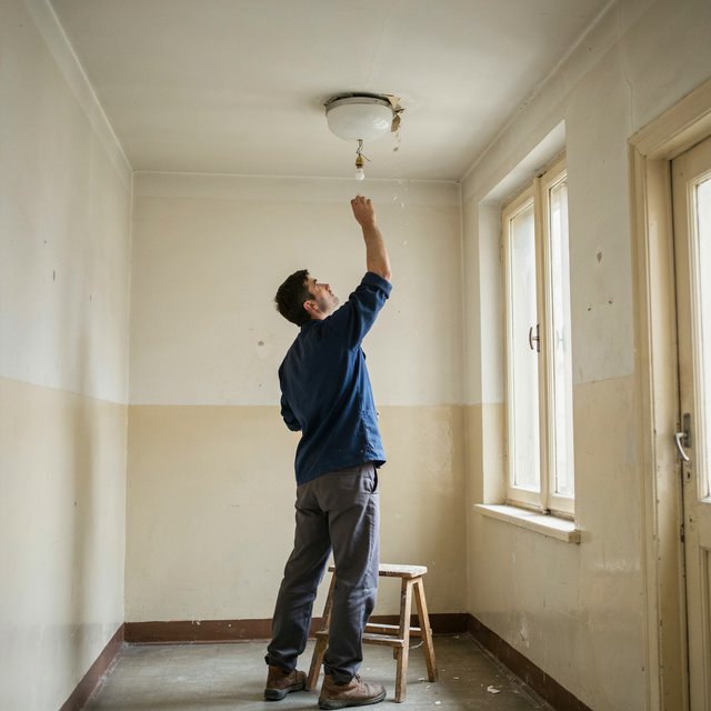 Candid documentary photograph of an adult building caretaker changing a ceiling light in a quiet apartment stairwell, pale afternoon window light, 35mm lens with moderate depth of field, plaster dust drifting from the fixture. — Ideogram v4.5