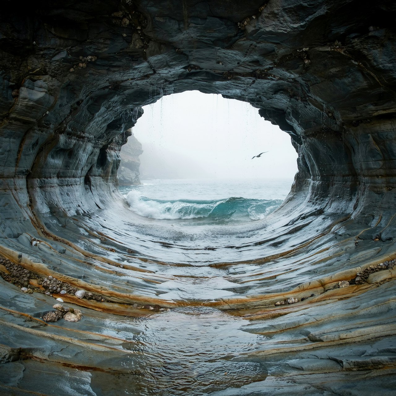 Inside a blue-grey sea cave, incoming swells curl over ribbed limestone beneath a clearing rain squall in late afternoon; wet mineral bands and shell fragments sharpen the entrance ledge, while the cavern mouth frames hazy open water. — Ideogram v4