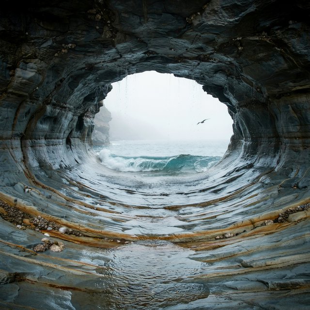 Inside a blue-grey sea cave, incoming swells curl over ribbed limestone beneath a clearing rain squall in late afternoon; wet mineral bands and shell fragments sharpen the entrance ledge, while the cavern mouth frames hazy open water. — Ideogram v4