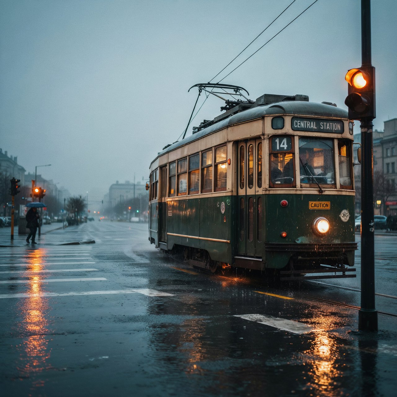 At a rain-darkened intersection, a tram grinds through a curve, its steel wheels shining beneath amber signal glow. A street-level news photo, shot on a 35mm lens with moderate depth of field, catches beads of water on the windows and slight wheel blur. — Ideogram v4