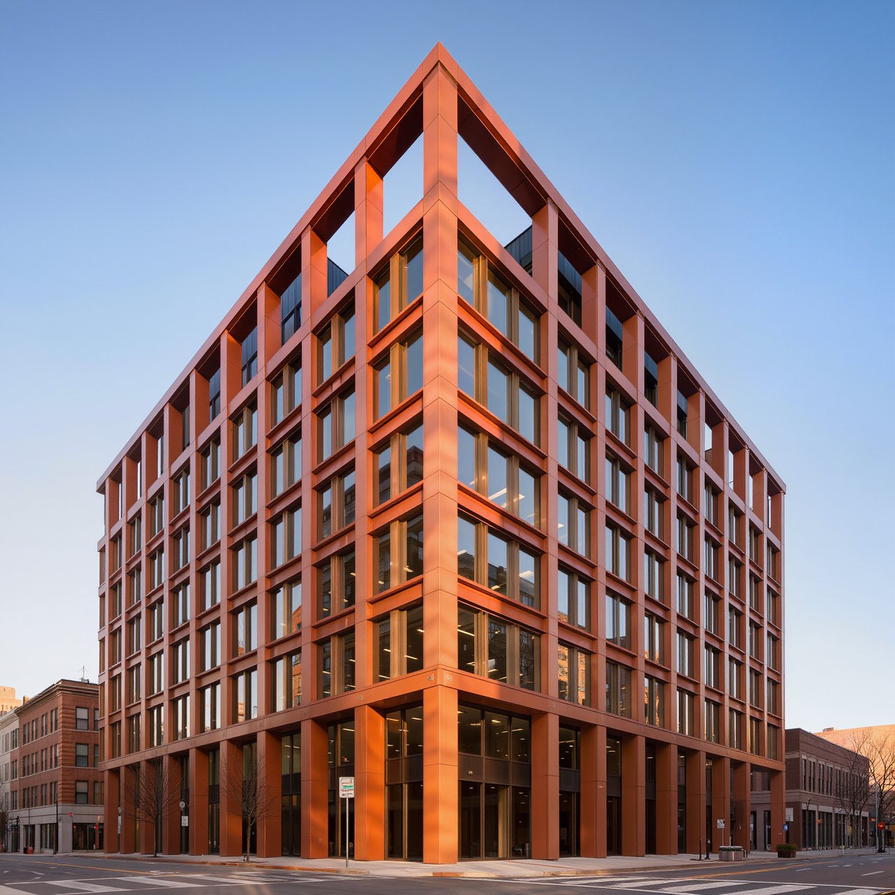 Exterior of a Chicago School office tower, with a visible steel-frame grid, warm terra-cotta cladding, broad rectangular windows, and a flat roofline; clear afternoon light, viewed from across a city street, with precise verticals and believable construction. — Kling v3