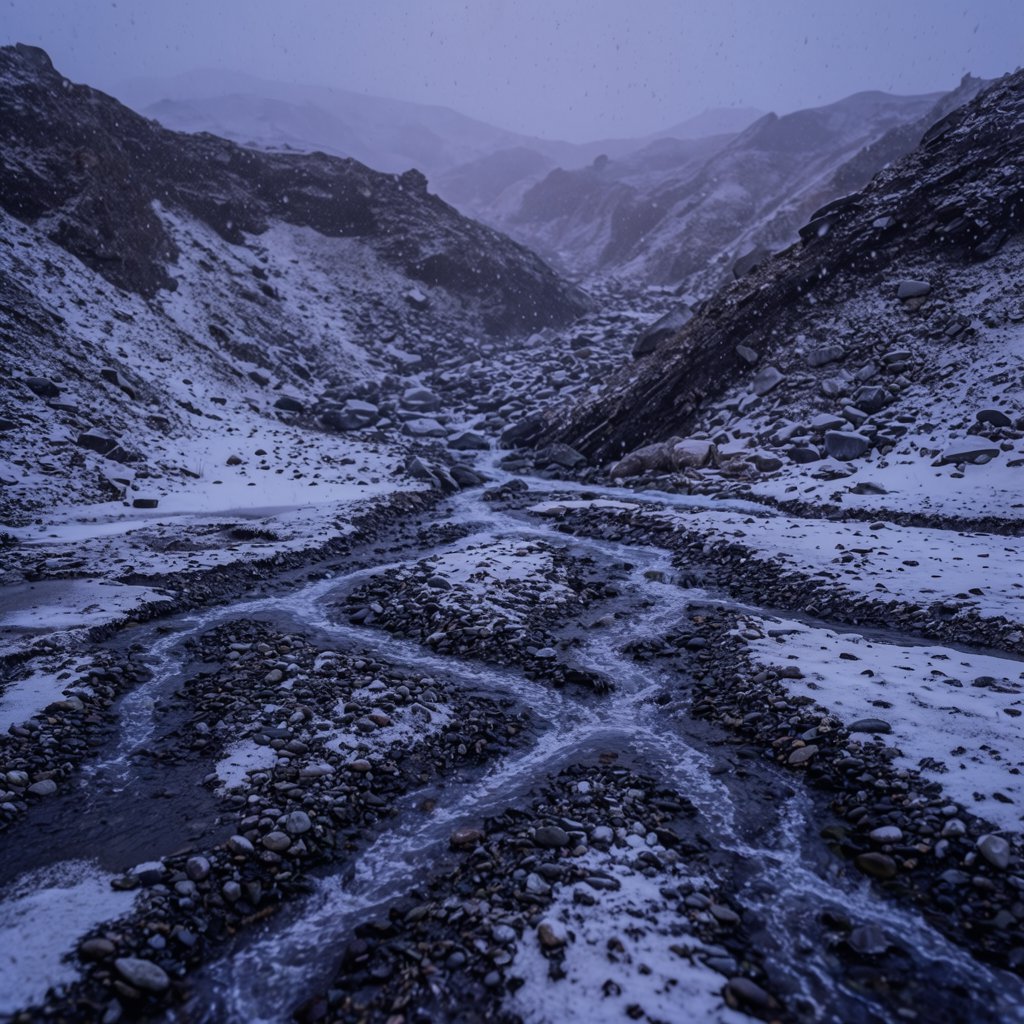 Beyond a braided glacier-fed stream, a steep moraine valley opens beneath clearing dawn snow flurries; gritty ice grains and water-polished stones sharpen the near bank, while layered ridges fade into cloud. — Krea 2 Large