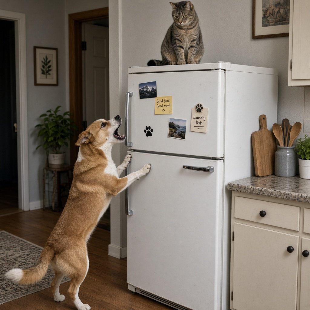 A cat sits on the top of a refrigerator calmly looking down at a barking dog. The dog is on his hind legs leaning on the fridge barking at the cat. — Grok Imagine Image 2