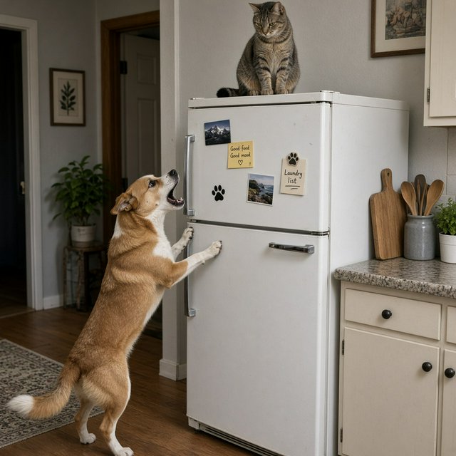 A cat sits on the top of a refrigerator calmly looking down at a barking dog. The dog is on his hind legs leaning on the fridge barking at the cat. — Grok Imagine Image 2
