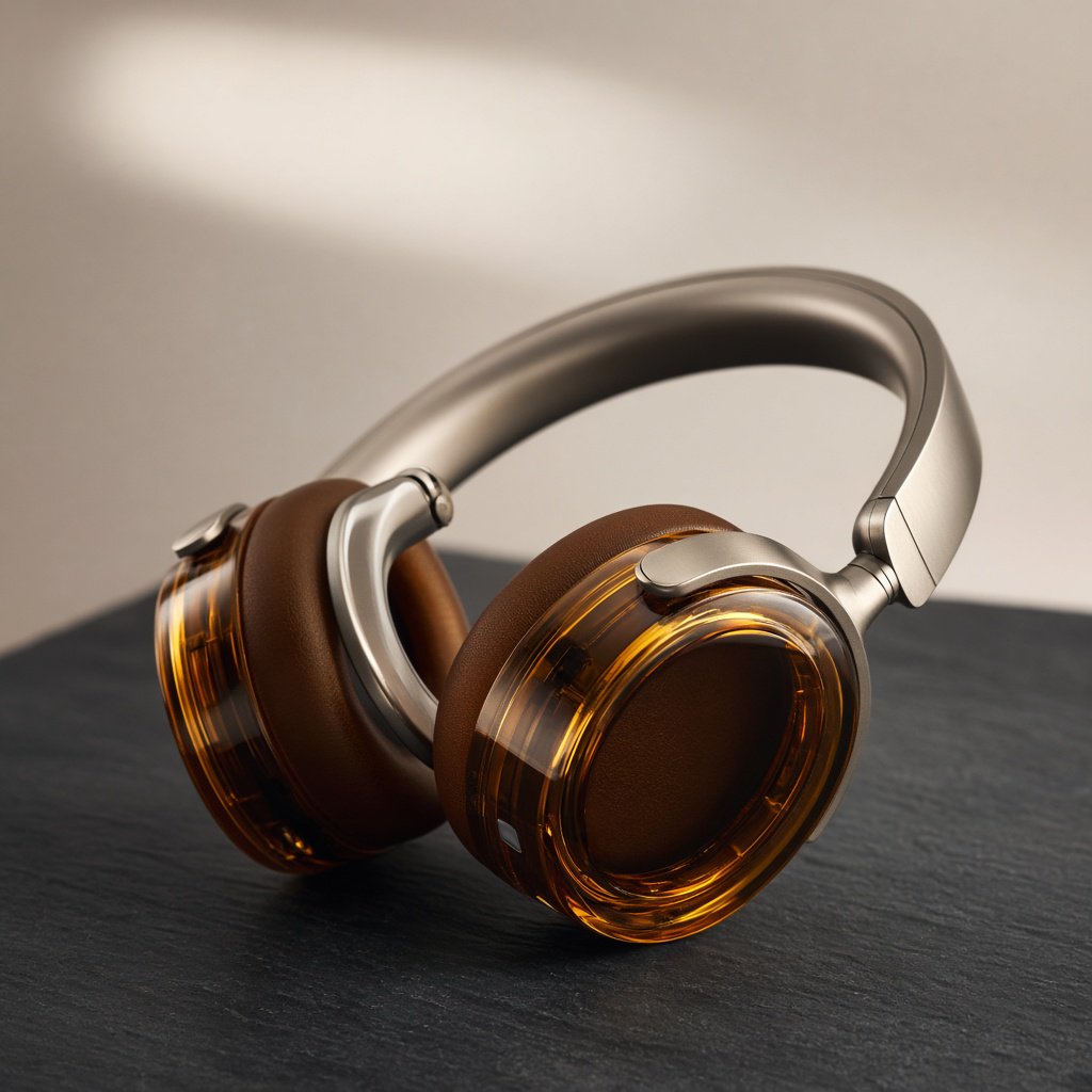 Commercial product photograph of unbranded over-ear headphones crafted from translucent amber resin and brushed titanium, resting on a dark slate surface against a muted cream background, lit by a broad diffused softbox and a delicate rim light. — Grok Imagine Image 2