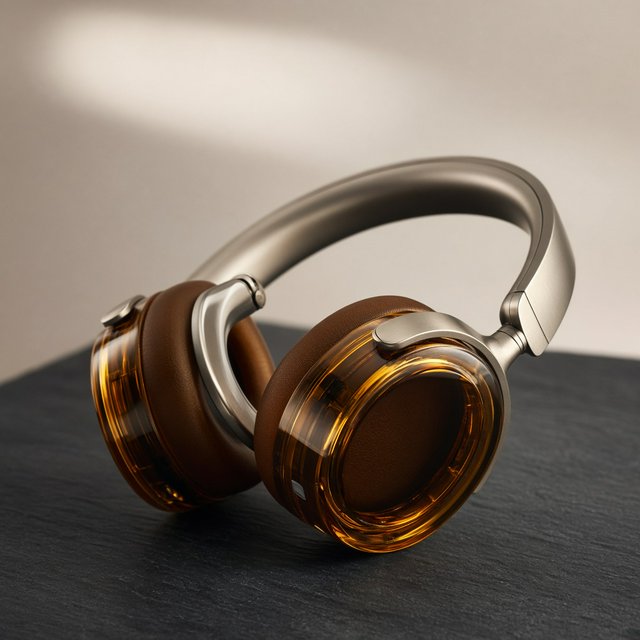 Commercial product photograph of unbranded over-ear headphones crafted from translucent amber resin and brushed titanium, resting on a dark slate surface against a muted cream background, lit by a broad diffused softbox and a delicate rim light. — Grok Imagine Image 2