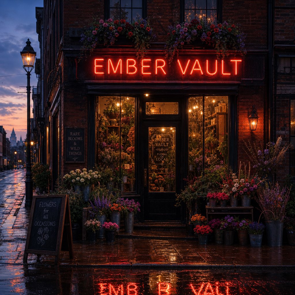At dusk, a narrow flower shop with rain-dark brick, overflowing window boxes, and warm interior light; the invented name "EMBER VAULT" is rendered in red neon tubing above the entrance, reflected in puddles. — GPT Image 2