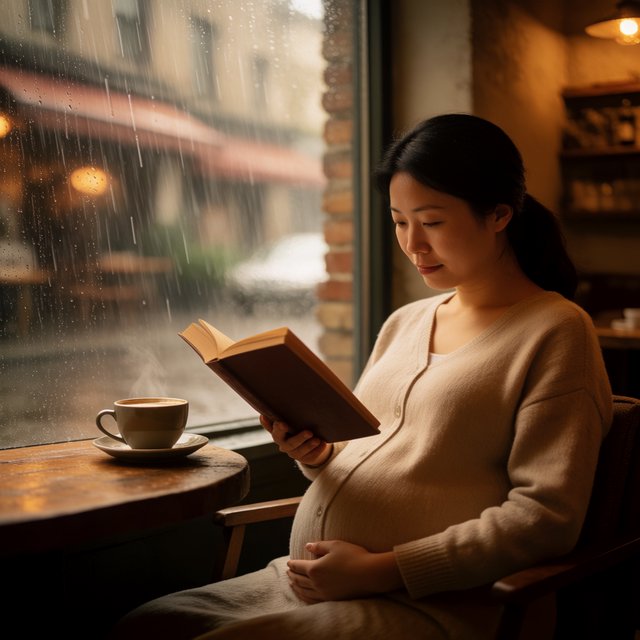 Photorealistic cinematic scene of a pregnant Chinese woman sitting in a cozy café by the window, reading a book. She appears calm, gentle, and thoughtful, with one hand resting naturally near her belly. On the table beside her is a cup of coffee, softly steaming. Outside the large window, heavy rain pours down, with streaks of water on the glass and a blurred rainy street beyond. The café interior is warm and inviting, with soft ambient lighting, wooden textures, and a peaceful atmosphere that contrasts with the storm outside. The composition should feel intimate, emotional, and serene, with the woman as the clear focal point. — Krea 2 Medium