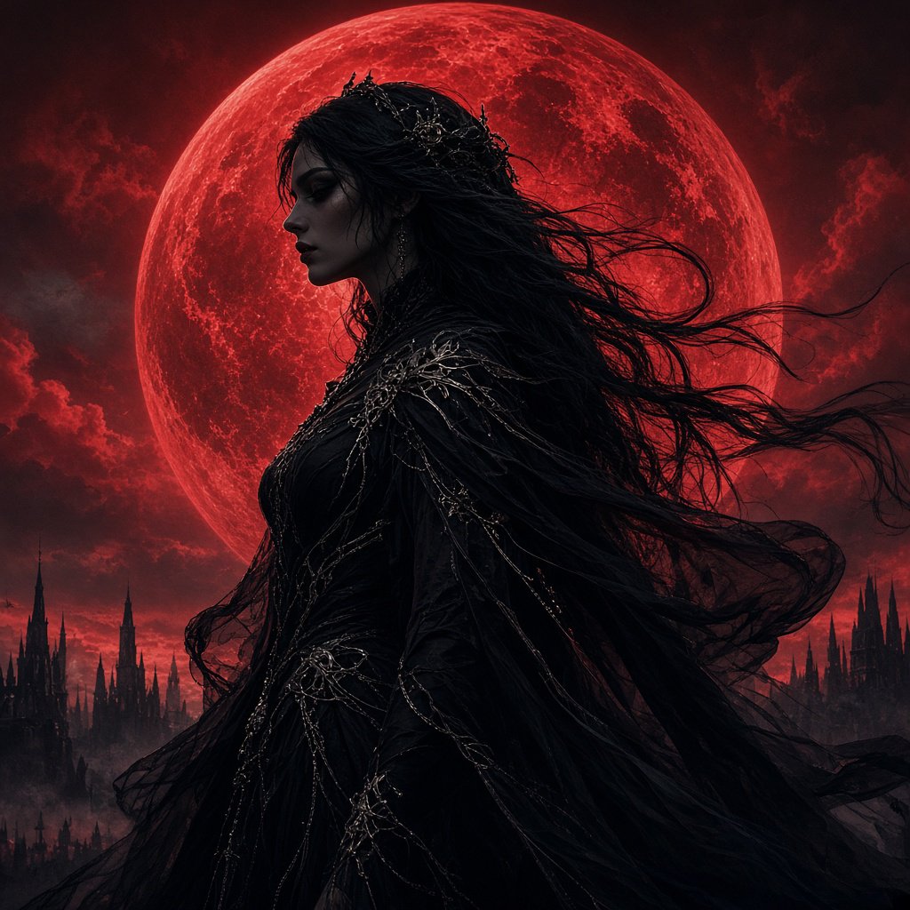 Captivating gothic goddess silhouetted against a blood red moon. Long dark hair blowing in a gentle breeze. Dramatic make-up. Ethereal black garment with silver details billowing in the breeze. Pensive expression. — Grok Imagine Image 2