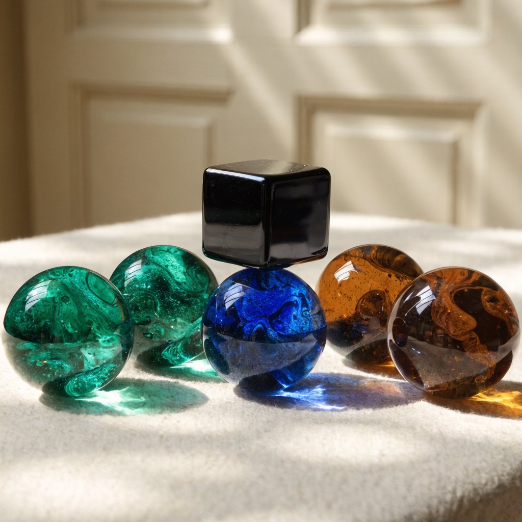 Exactly six glass marbles sit on a cream tabletop: three green marbles in a row on the left, two amber marbles in a row on the right, and one blue marble centered between the rows. A black cube sits above the blue marble, nothing else. — Recraft v4
