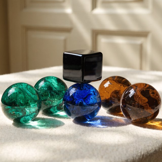 Exactly six glass marbles sit on a cream tabletop: three green marbles in a row on the left, two amber marbles in a row on the right, and one blue marble centered between the rows. A black cube sits above the blue marble, nothing else. — Recraft v4