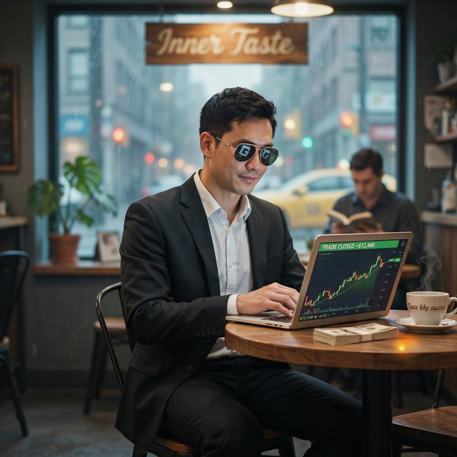Realistic, a man wearing a black suit and cool shades with the word “G” on them, sitting near a table in a friendly coffee shop with the words “Inner Taste” displayed in the shop, coffee on the table, a coffee cup with the words “Taste like success,” a stack of money on the table, a high-end laptop displaying a successful trade, and rain pouring outside. The vibe is calm and chill. — Ideogram v4