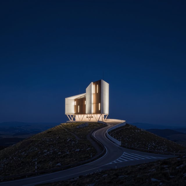 A hilltop observatory in spare contemporary architecture glows against the midnight sky, its pale concrete walls, bronze panels, and narrow windows lit from within; viewed from the access road, crisp edges and credible structural supports. — Kling v3 Omni