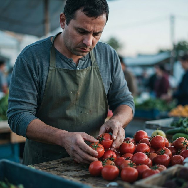Candid documentary photograph of an adult market vendor arranging ripe tomatoes at an outdoor produce stall, cool early-morning side light, 50mm lens with shallow depth of field, condensation droplets beading on the tomato skins. — Ideogram v4.5