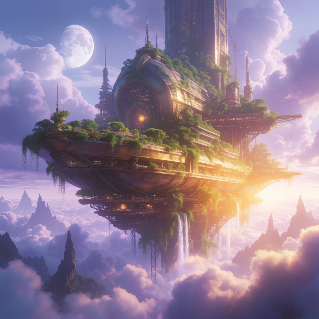 A colossal floating archive-ship drifts above storm clouds, its bronze hull wrapped in hanging gardens and luminous windows, while waterfalls spill into the sky. Distant mountain peaks pierce the cloud sea beneath a violet sunset and cold silver moonlight. — Krea 2 Medium