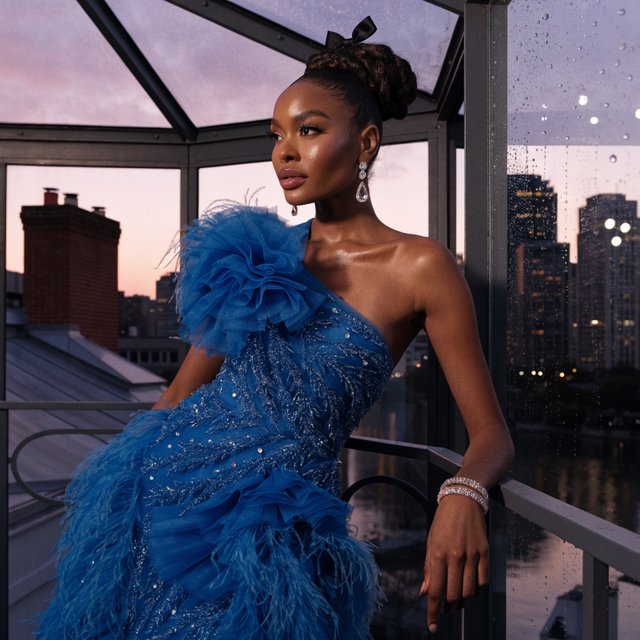 Editorial glamour photograph of one adult woman in a sapphire one-shoulder evening gown, leaning naturally against a rooftop conservatory railing at dusk, flattering lavender light, glass reflections, composed expression, elegant fashion-magazine atmosphere. — Recraft v4