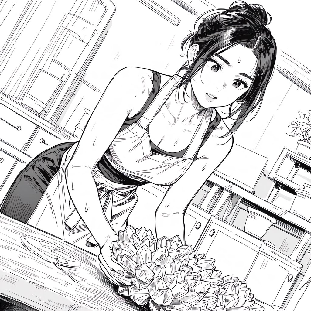 A pulchritudinous, gorgeous, exotic East Asian beauty, aged 24, inside an atelier, wearing a loose workshop apron, a tube top, and hot pants. Sweating profusely, she remains concentrated. She has a focused posture and expression as she looks at the crystalline object in the foreground that she is sculpting into a small, detailed fairy with high precision and clarity. Three-quarter-body mid-shot, Dutch angle. — Midjourney Niji 7