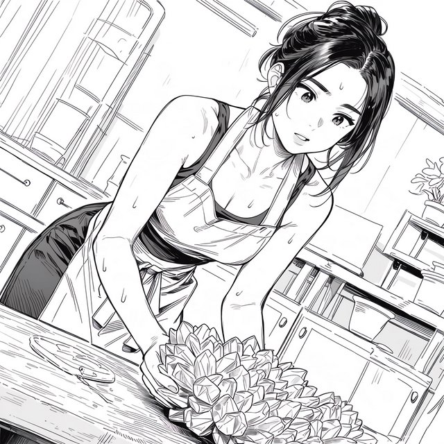 A pulchritudinous, gorgeous, exotic East Asian beauty, aged 24, inside an atelier, wearing a loose workshop apron, a tube top, and hot pants. Sweating profusely, she remains concentrated. She has a focused posture and expression as she looks at the crystalline object in the foreground that she is sculpting into a small, detailed fairy with high precision and clarity. Three-quarter-body mid-shot, Dutch angle. — Model 11