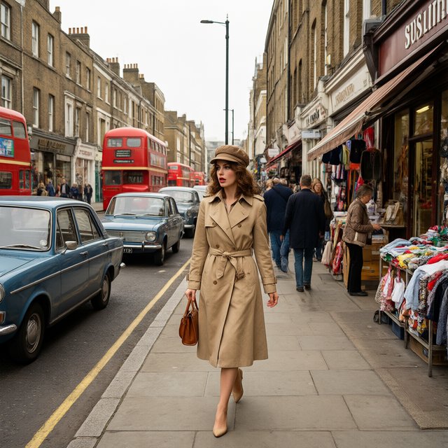 A glamorous woman walking down a busy UK high street in 1977. There are cars, buses and shops full of merchandise. Something surprising catches her eye. — Qwen Image 3.0