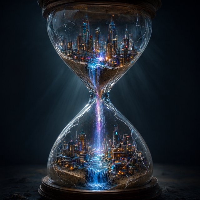 A macro close-up of a miniature glowing cyberpunk city built entirely inside a hollow cracked hourglass, tiny illuminated skyscrapers, flowing neon waterfalls, volumetric light rays piercing through sand, dark moody cinematic lighting, photorealistic depth of field — Qwen Image 3.0 Pro