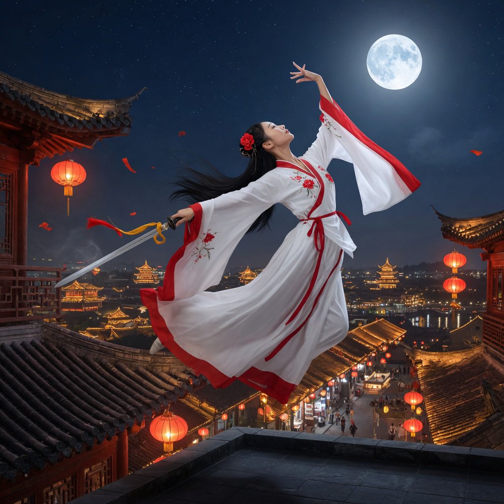 Elegant young adult Chinese female dancer performing a sword dance on a rooftop in ancient China at night, wearing flowing hanfu in primary white with secondary red accents. She leaps high in midair with her body arched backward, sword arm thrust forward, while her other arm rises gracefully above her with the hand forming delicate orchid fingers. Frontal three-quarter view, long black hair and sleeves flowing, expressive elegant pose, lantern-lit ancient city below, glowing rooftops and streets, romantic moonlit atmosphere. — Grok Imagine Image Quality