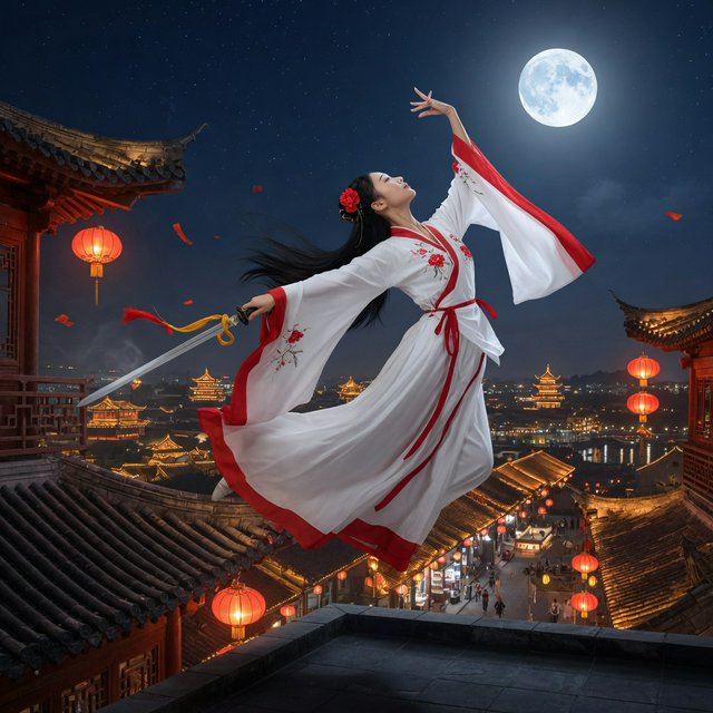 Elegant young adult Chinese female dancer performing a sword dance on a rooftop in ancient China at night, wearing flowing hanfu in primary white with secondary red accents. She leaps high in midair with her body arched backward, sword arm thrust forward, while her other arm rises gracefully above her with the hand forming delicate orchid fingers. Frontal three-quarter view, long black hair and sleeves flowing, expressive elegant pose, lantern-lit ancient city below, glowing rooftops and streets, romantic moonlit atmosphere. — Grok Imagine Image Quality